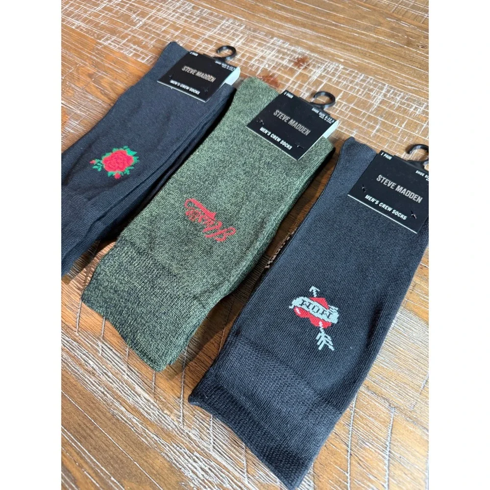NWT Steve Madden Mens‎ Crew Socks 3 LOT Black Olive Green Rose Mom Hustle 6-12.5